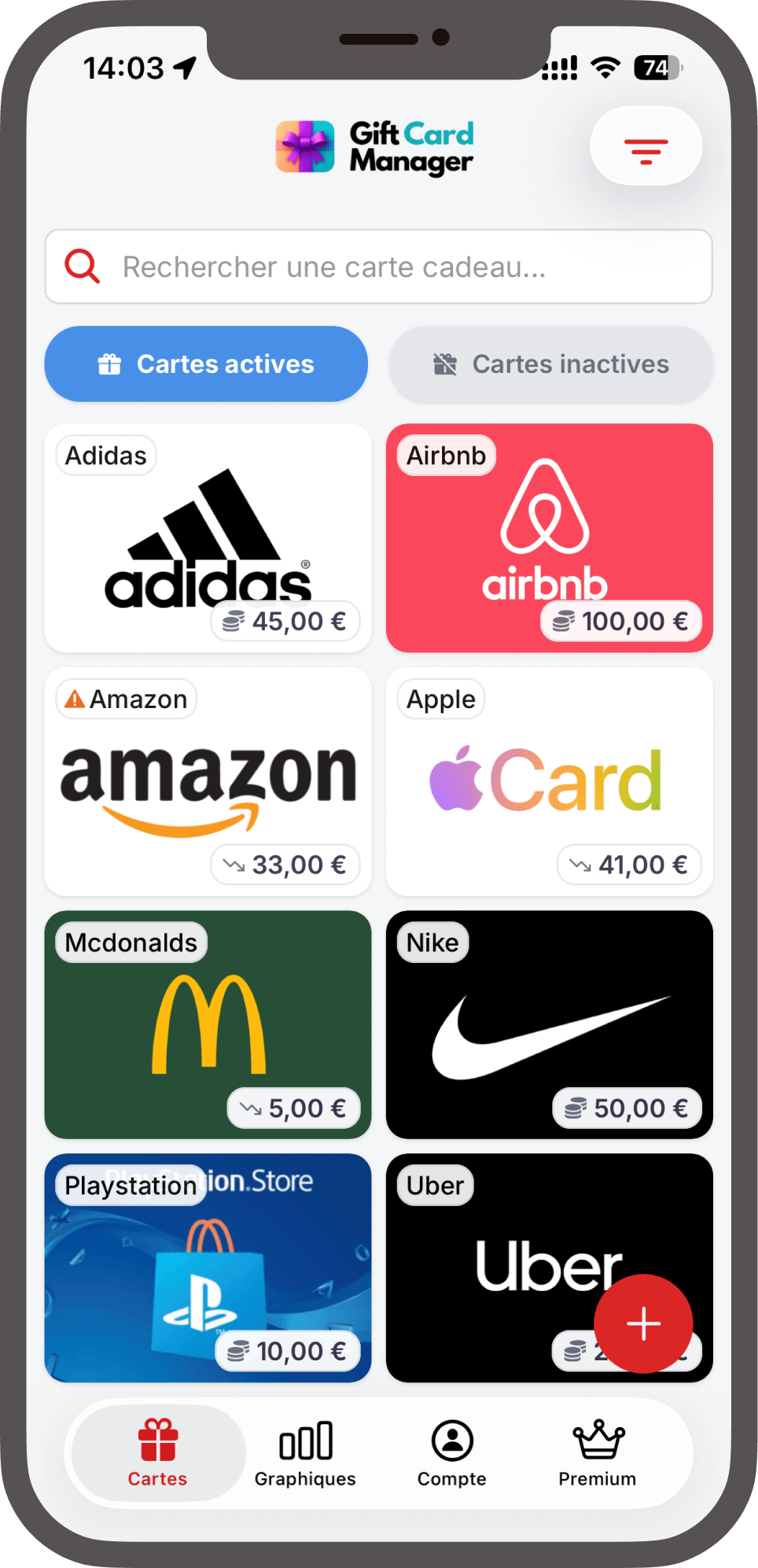 Liste des cartes cadeaux